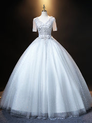 Gray Tulle V-neck Short Sleeve Appliques Quinceanera Dress