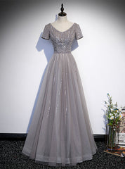 Gray Tulle V-neck Short Sleeve Beading Sequins Prom Dress