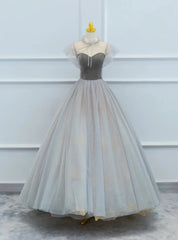 Gray Tulle Velvet Beading Prom Dress