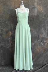 Green A Line Chiffon Spaghetti Straps Long Bridesmaid Dress