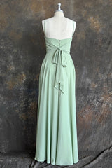 Green A Line Chiffon Spaghetti Straps Long Bridesmaid Dress