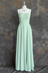 Green A Line Chiffon Spaghetti Straps Long Bridesmaid Dress