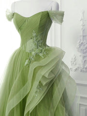 Green A-Line Long Prom Dress, Green Lace Long Evening Dress