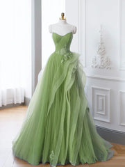 Green A-Line Long Prom Dress, Green Lace Long Evening Dress