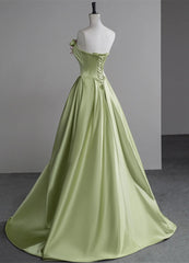 Green A-line Satin with Flowers Long Evening Dress, Green Satin Prom Dress