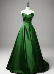 Green A-line Simple Satin Long Party Dress, Green Satin Prom Dress