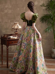 Green A-line Sweetheart Long Prom Dress Evening Dress, Green Floral Party Dress