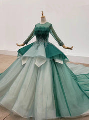 Green Ball Gown Tulle Long Sleeve Beading Wedding Dress