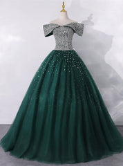 Green Ball Gown Tulle Off the Shoulder Beading Quinceanera Dress