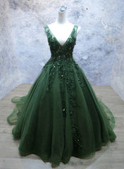 Bridesmaid Gown, Green Beaded and Lace V-neckline Low Back Long Party Dresses, Green Evening Dress Party Dresses