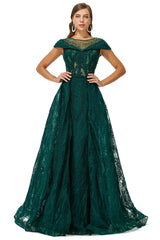 Evening Dress Knee Length, Beaded Cap Sleeves Prom Dresses with Overskirt