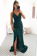 Green Fitted V Neck Prom Dress For Girl Sequin Backless Formal Gown Side Slit