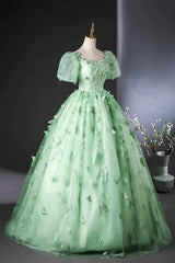 Green Flower Lace Long Prom Dress with Sleeves, Green Formal Dress