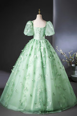 Green Flower Lace Long Prom Dress with Sleeves, Green Formal Dress