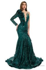 Turquoise Green Mermaid One Sleeve Prom Dresses Sequined Lace Jewel Ruffles Evening Party Dress with Appliques