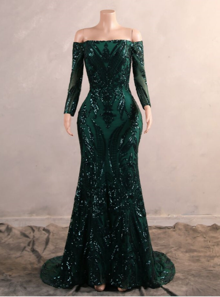 Green Mermaid Sequins Off the Shoulder Long Sleeve Prom Dress