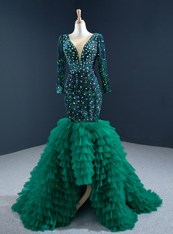 Green Mermaid Sequins Tulle Long Sleeve  Crystal Prom Dress