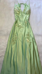 Green Mermaid V Neck Satin Backless Evening Dress Prom Dress With Beads