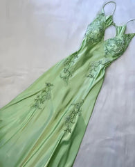 Green Mermaid V Neck Satin Backless Evening Dress Prom Dress With Beads