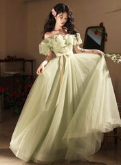 Green Off Shoulder Tulle A-line Floor Length Party Dress, Green Tulle Prom Dress