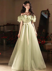 Green Off Shoulder Tulle A-line Floor Length Party Dress, Green Tulle Prom Dress