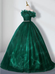 Green Off Shoulder Tulle Long Quinceanera Dresses