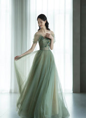 Green Off Shoulder with Flowers Tulle Long Party Dress, Green Prom Dress