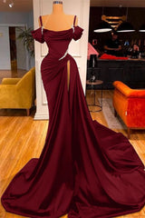 Off-the-Shoulder Prom Dress with Long Slit and Pleated Detail