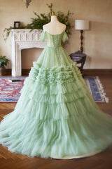 Green Off the Shoulder Tulle Layers Long Formal Dress, Green Evening Party Dress