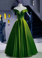 Green Round Neckline A-line Simple Party Dress, Green Satin Prom Dress