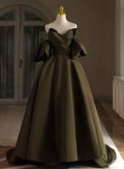 Green Satin A-line Long Prom Dress Party Dress, Green Off Shoulder Evening Dress