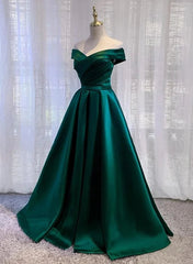 Green Satin A-line Off Shoulder Floor Length Party Dress Green Prom Dress prom dresses shops