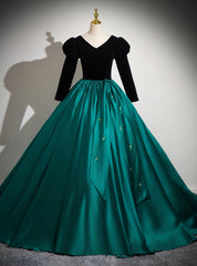 Green Satin Balck Velvet Long Sleeve Beading Quinceanera Dress