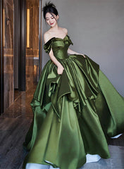 Green Satin Long Off Shoulder Princess Formal Dress, Green Satin Prom Dress