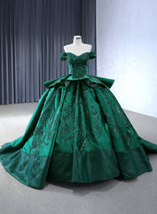 Green Satin Off the Shoulder Sequins Appliques Prom Dress