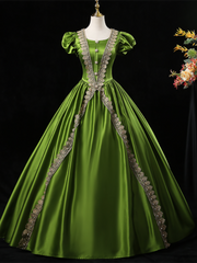 Green Satin Puff Sleeve Appliques Victorian Rococo Dress