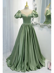 Green Satin Puff Sleeve Beading Prom Dress