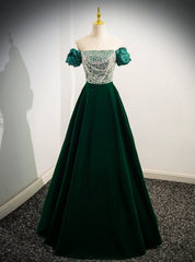 Green Satin Sequins Puff Sleeve Prom Dress