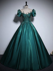 Green Satin Short Sleeve Sequins Appliques Quinceanera Dress