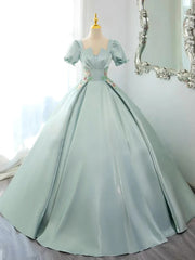 Green Satin Short Sleeves Long Formal Dress, Green Satin Prom Dress Evening Dress