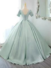 Green Satin Short Sleeves Long Formal Dress, Green Satin Prom Dress Evening Dress