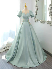 Green Satin Short Sleeves Long Formal Dress, Green Satin Prom Dress Evening Dress