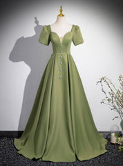 Green Satin Square Neck Short Sleeve Prom Dress