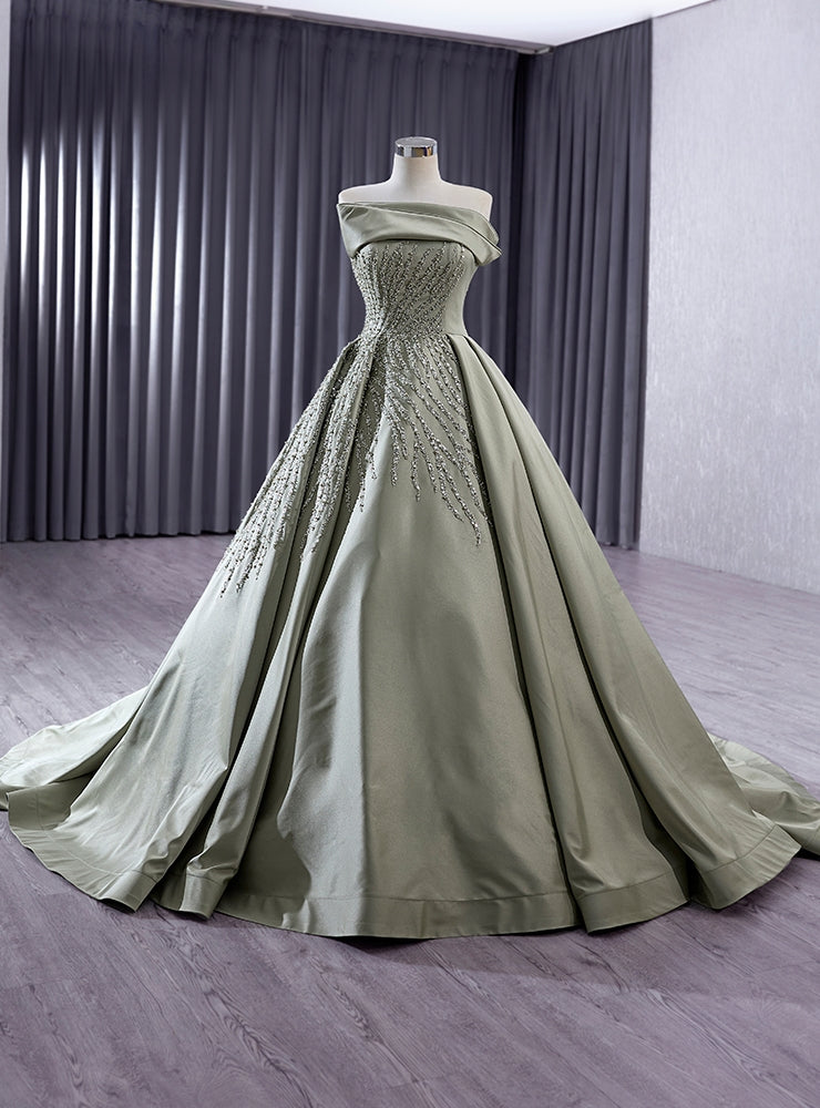 Green Satin Strapless Sequins Beading Prom Dress