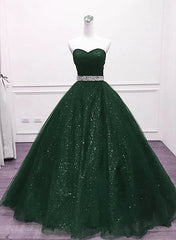 Green Shiny Tulle Beaded Sweetheart Party Dress, Green Formal Dress