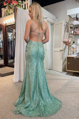 Green Spaghetti Straps Mermaid Backless Prom Dress With Appliques