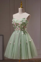 Prom Dressed Black, Green Strapless Tulle Short Prom Dress with Lace, Green Party Dress