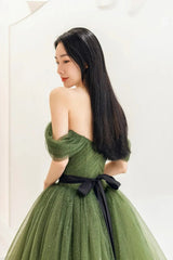 Green Sweetheart Shiny Tulle Off Shoulder Party Dress, Green Long Prom Dress