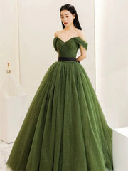 Green Sweetheart Shiny Tulle Off Shoulder Party Dress, Green Long Prom Dress