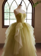 Green Sweetheart Straps Tulle Long Party Dress, Green Tulle Prom Dress